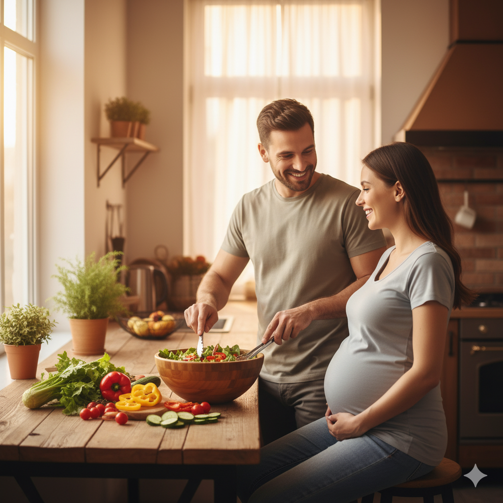 A partner preparing a healthy salad in the kitchen while a pregnant woman watches happily, both smiling, cozy family atmosphere, warm lighting, lifestyle photography.